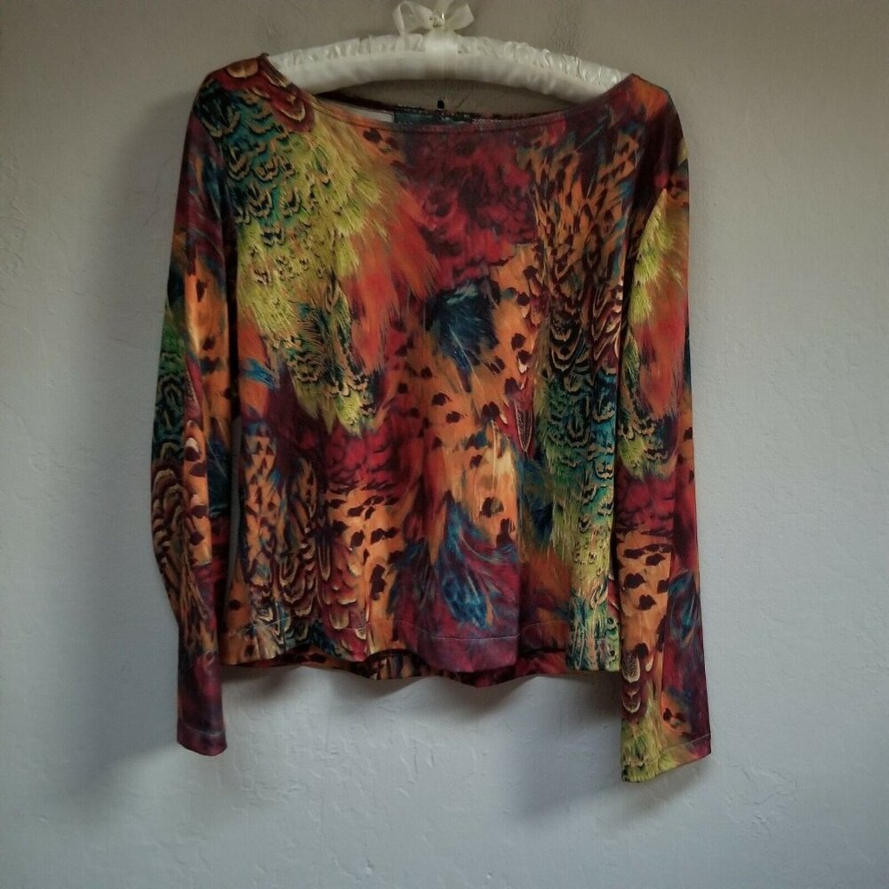 The Pyramid Collection Womens Multicolor Long Sleeve Peacock Print Top Boat Neck